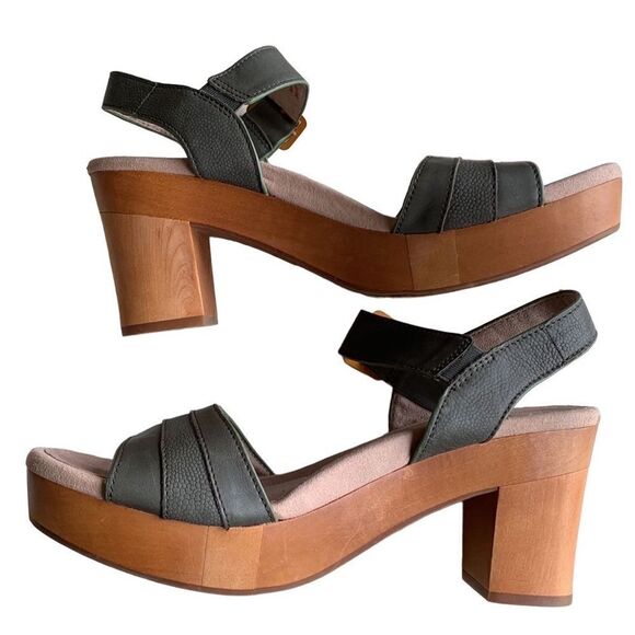 Earth Oak Chestnut Forest Green Leather Platform Sandals Size 9.5 - Picture 2 of 9